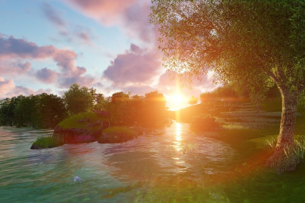 Soft morning light reflecting on calm water symbolizing inner peace and mindfulness.