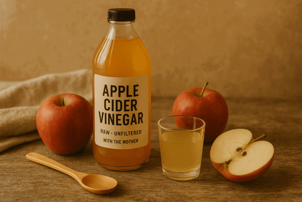 Raw, unfiltered apple cider vinegar in a glass bottle with apples and a small glass of diluted ACV on a rustic kitchen table.