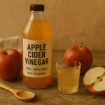 Raw, unfiltered apple cider vinegar in a glass bottle with apples and a small glass of diluted ACV on a rustic kitchen table.