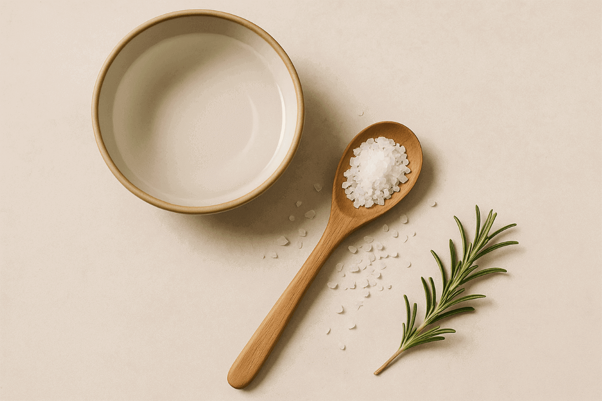 Natural sea salt crystals with water and herbs – symbol of cleansing and balance.